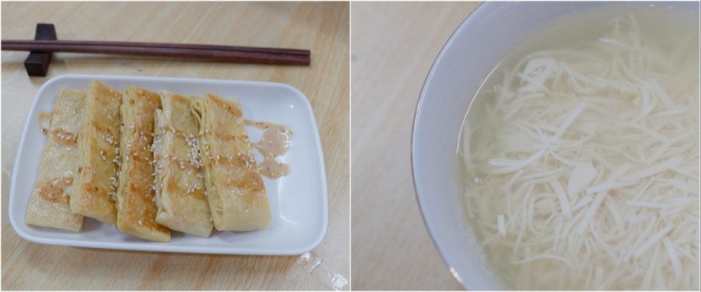 （左圖）香煎腐皮卷是中式素食，即叫即煎份外美味。（右圖）文思豆腐同樣是展現Alan刀功的中式素菜，將豆腐切得彷如絲般幼細，再加素上湯熬製而成，看似簡單一道菜，盡顯Alan的用心和功架。